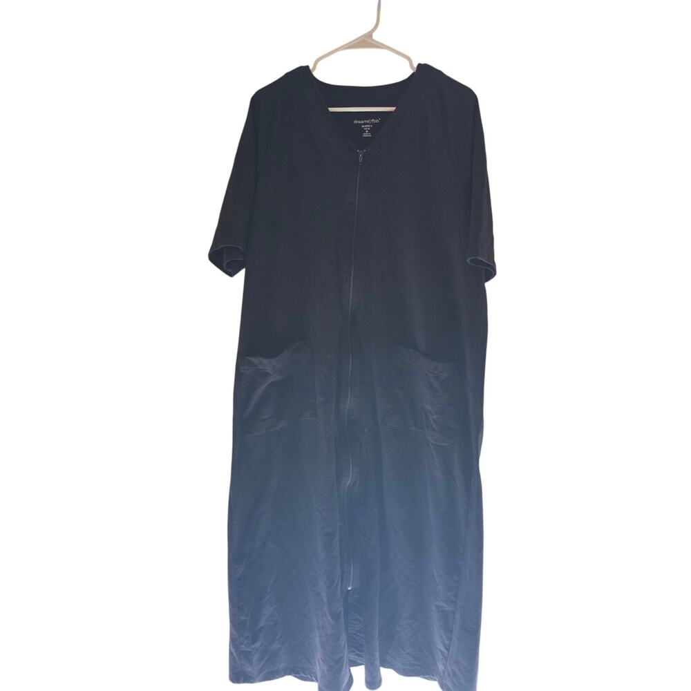 Dreams & Co Pajamas M (14/16)‎ Womens Black Full Zip Short Sleeve Pockets Sleep